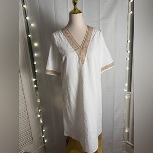 NoraCora Elegant White Midi Dress with Tan Accents